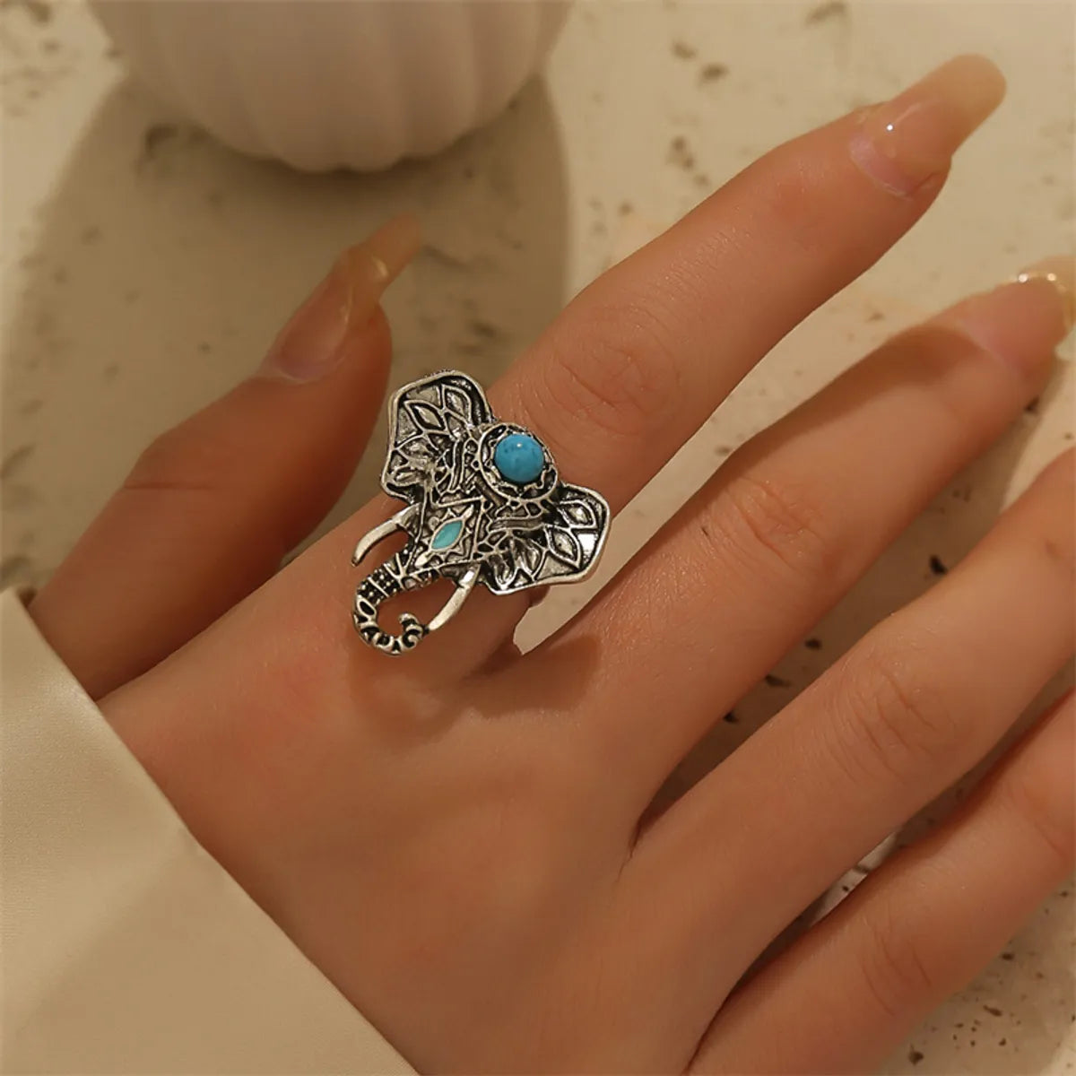 Wholesale Jewelry Ethnic Style Cool Style Elephant Alloy Turquoise Plating Inlay Open Rings