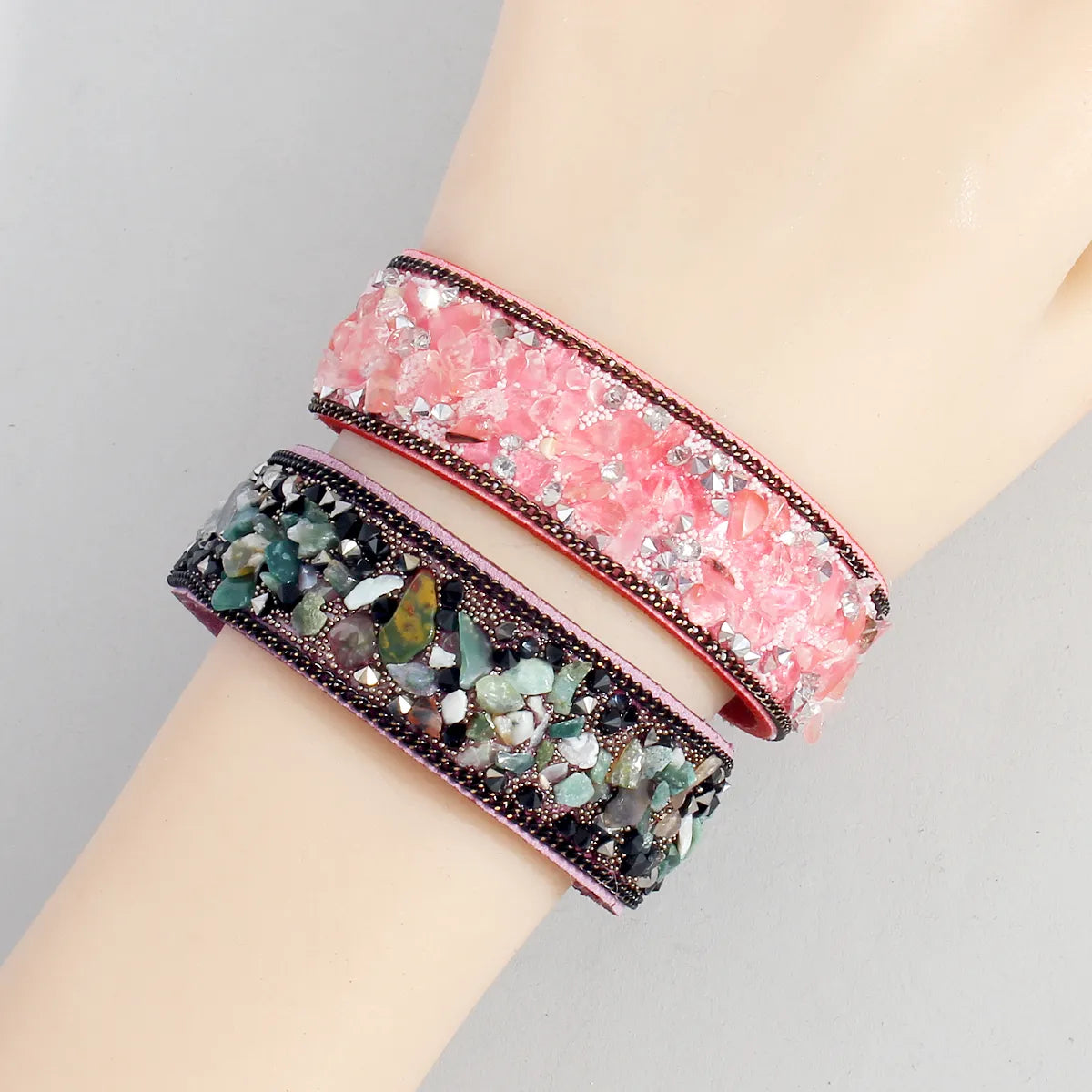 Wholesale Jewelry Ethnic Style Shiny Irregular Pu Leather Stone Natural Stone Asymmetrical Inlay Bangle