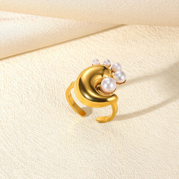 Wholesale Jewelry Exaggerated Beach Geometric 304 Stainless Steel Artificial Pearls Asymmetrical Plating Open Rings