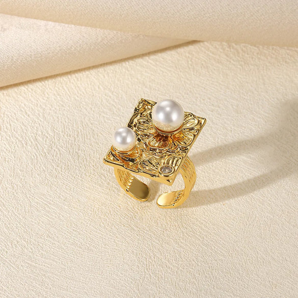 Wholesale Jewelry Exaggerated Beach Geometric 304 Stainless Steel Artificial Pearls Asymmetrical Plating Open Rings