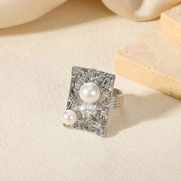 Wholesale Jewelry Exaggerated Beach Geometric 304 Stainless Steel Artificial Pearls Asymmetrical Plating Open Rings
