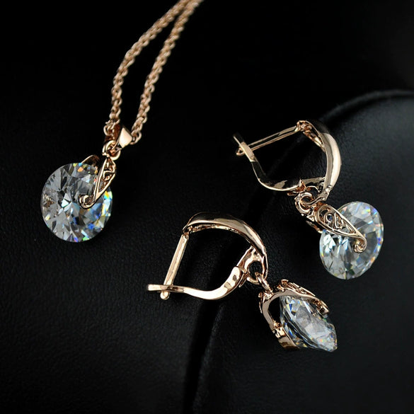 Wholesale Jewelry Exaggerated Geometric Copper Zircon Mixed Gem Inlay Pendant Earrings Necklace Set With Love Water Drops Bell Pattern And Electroplating Treatment