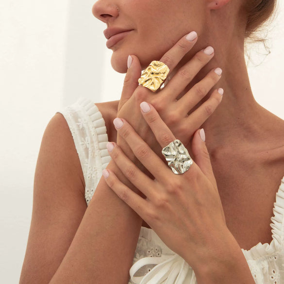Wholesale Jewelry Exaggerated Geometric Square Fold Opening Ring Zinc Alloy Electroplated For Women