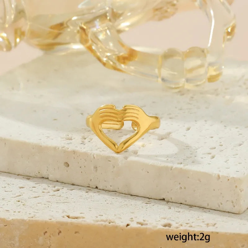 Wholesale Jewelry Exaggerated Romantic Solid Color Gesture Heart Shape 304 Stainless Steel 18K Gold Plated Hollow Out Open Rings