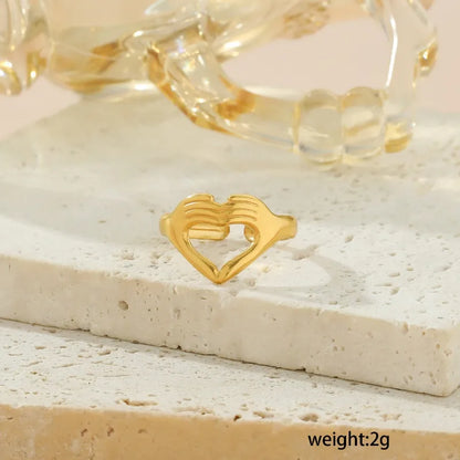 Wholesale Jewelry Exaggerated Romantic Solid Color Gesture Heart Shape 304 Stainless Steel 18K Gold Plated Hollow Out Open Rings