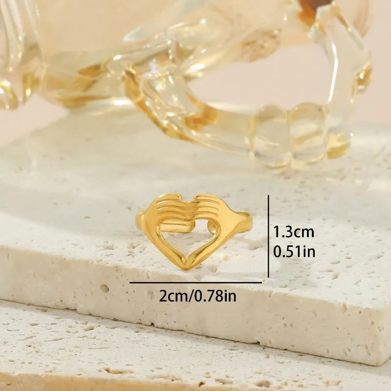 Wholesale Jewelry Exaggerated Romantic Solid Color Gesture Heart Shape 304 Stainless Steel 18K Gold Plated Hollow Out Open Rings