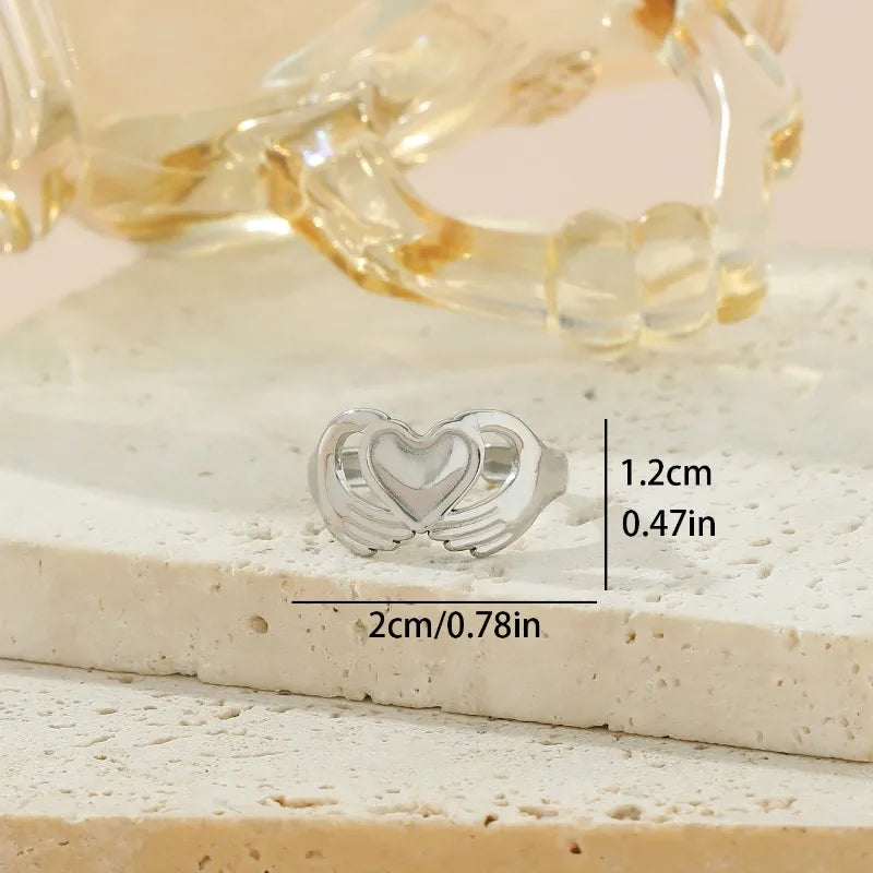 Wholesale Jewelry Exaggerated Romantic Solid Color Gesture Heart Shape 304 Stainless Steel 18K Gold Plated Hollow Out Open Rings