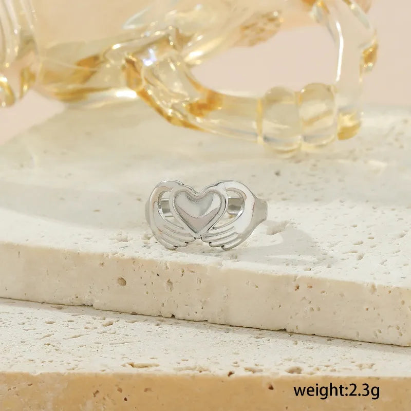 Wholesale Jewelry Exaggerated Romantic Solid Color Gesture Heart Shape 304 Stainless Steel 18K Gold Plated Hollow Out Open Rings