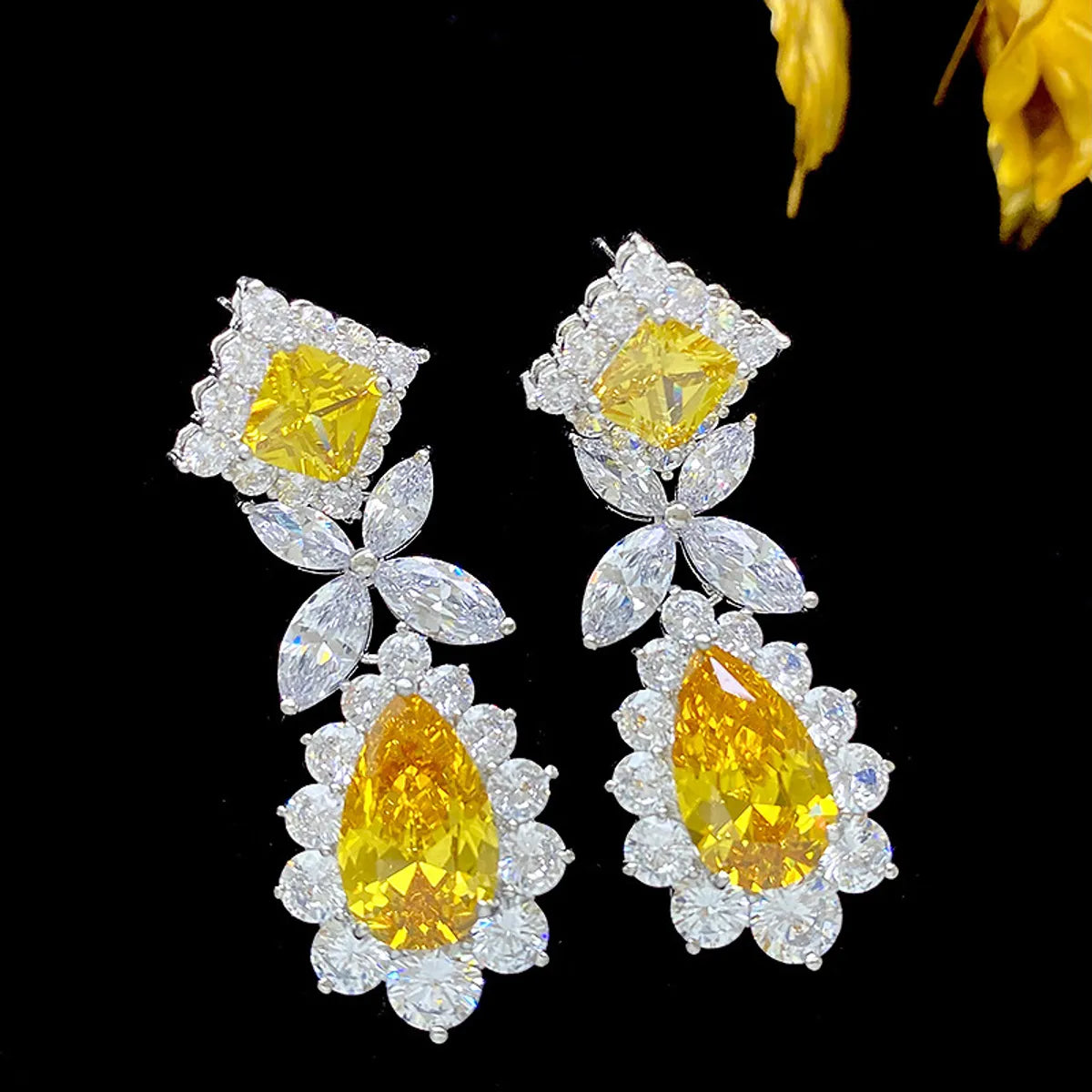 Wholesale Jewelry Exaggerated Shiny Water Droplets Flower Metal Zircon Inlay Drop Earrings