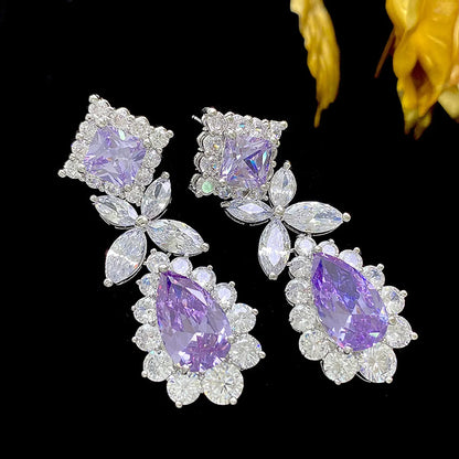 Wholesale Jewelry Exaggerated Shiny Water Droplets Flower Metal Zircon Inlay Drop Earrings