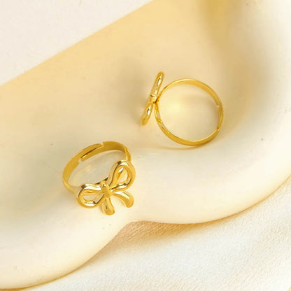 Wholesale Jewelry Fairy Style Cute Sweet Bow Knot 304 Stainless Steel 14K Gold Plated Open Rings