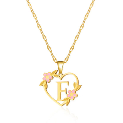 Wholesale Jewelry Fairy Style Elegant Sweet Letter Heart Shape Flower 201 Stainless Steel Asymmetrical Enamel Pendant Necklace