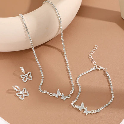 Wholesale Jewelry Fairy Style Luxurious Shiny Heart Shape Butterfly Alloy Artificial Gemstones Artificial Rhinestones Artificial Diamond Silver Plated Plating Inlay Bracelets Necklace Jewelry Set