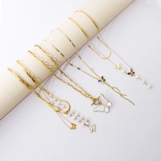 Wholesale Jewelry Fairy Style Sweet Butterfly 304 Stainless Steel Gem Pearl 14K Gold Plated Plating Inlay Layered Necklaces