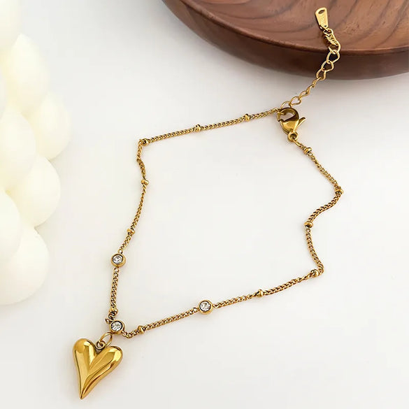 Wholesale Jewelry Fairy Style Vacation Simple Style Heart Shape 316L Stainless Steel  Rhinestones 18K Gold Plated Inlay Anklet
