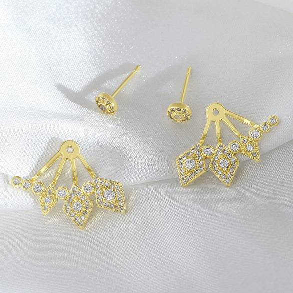 Wholesale Jewelry Fanshaped Rhombus Pattern Copper Colorpreserving Electroplated Women's Rear Hanging Earrings Twowear Ins Earrings