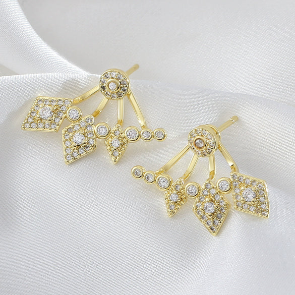 Wholesale Jewelry Fanshaped Rhombus Pattern Copper Colorpreserving Electroplated Women's Rear Hanging Earrings Twowear Ins Earrings
