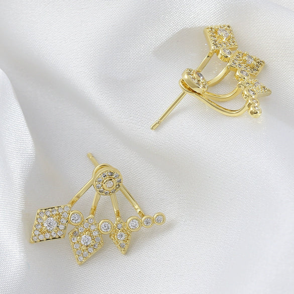 Wholesale Jewelry Fanshaped Rhombus Pattern Copper Colorpreserving Electroplated Women's Rear Hanging Earrings Twowear Ins Earrings