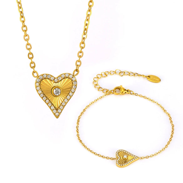 Wholesale Jewelry Fashion Double Layer Love Heart 316L Stainless Steel Plated 18K Gold Necklace Bracelet Set