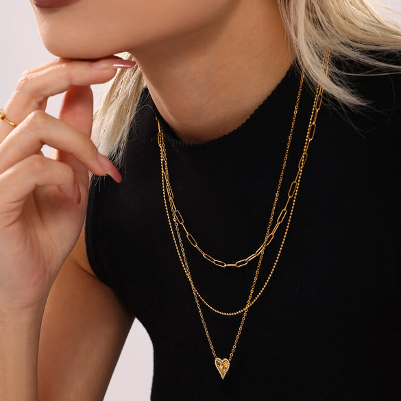 Wholesale Jewelry Fashion Double Layer Love Heart 316L Stainless Steel Plated 18K Gold Necklace Bracelet Set