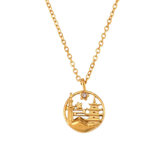 Wholesale Jewelry Fashion Geometric Stainless Steel And Titanium Steel Round Pendant Necklace With Electroplating
