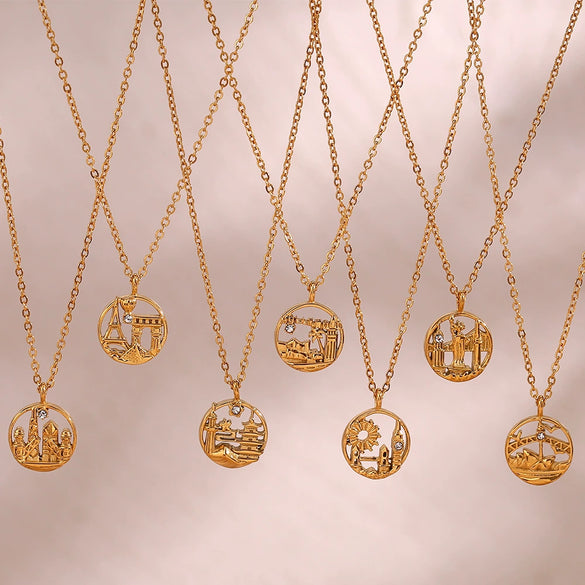 Wholesale Jewelry Fashion Geometric Stainless Steel And Titanium Steel Round Pendant Necklace With Electroplating