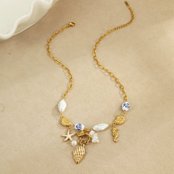Wholesale Jewelry Fashion Geometric Stainless Steel 18K Gold Electroplated Ocean Starfish Shell Conch Bead Women's Bracelet Necklace