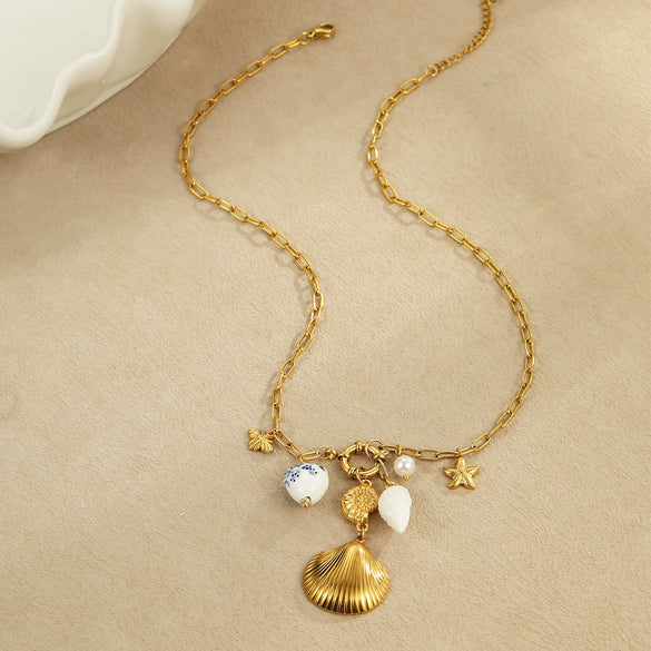 Wholesale Jewelry Fashion Geometric Stainless Steel 18K Gold Electroplated Ocean Starfish Shell Conch Bead Women's Bracelet Necklace