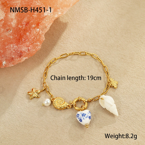 Wholesale Jewelry Fashion Geometric Stainless Steel 18K Gold Electroplated Ocean Starfish Shell Conch Bead Women's Bracelet Necklace