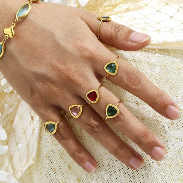 Wholesale Jewelry Fashion Geometric 316L Stainless Steel Open Ring With Czech Glass Bead Electroplated
