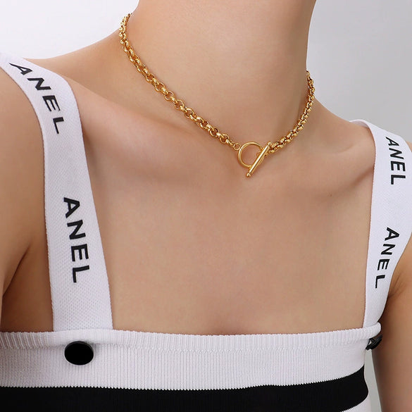 Wholesale Jewelry Fashion Geometric 316L Stainless Steel Electroplated Ot Buckle Switch Design Clavicle Chain Necklace For Women