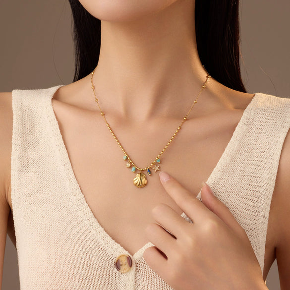 Wholesale Jewelry Fashion Ocean Style Stainless Steel 18K Gold Starfish And Conch Inlaid Zircon Necklace With Electroplating