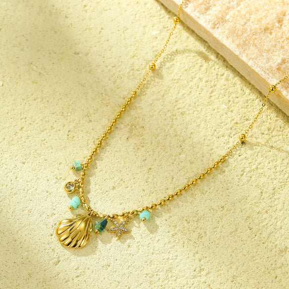 Wholesale Jewelry Fashion Ocean Style Stainless Steel 18K Gold Starfish And Conch Inlaid Zircon Necklace With Electroplating