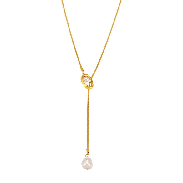 Wholesale Jewelry Fashion Ol Style Geometric 316L Stainless Steel And Alloy Inlaid Gemstones Box Chain Imitation Pearl Tassel Necklace For Unisex