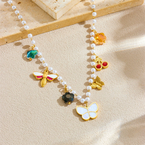 Wholesale Jewelry Fashion Pearl Chain Insect Pattern Stainless Steel Pendant Necklace With Electroplating