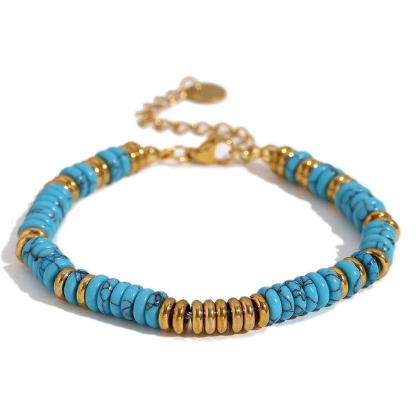 Wholesale Jewelry Fashion Retro Geometric Stainless Steel And Titanium Steel 18K Gold Plated Frisbee Natural Stone Beads Necklace And Bracelet For Women