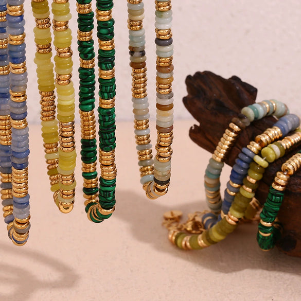 Wholesale Jewelry Fashion Retro Geometric Stainless Steel And Titanium Steel 18K Gold Plated Frisbee Natural Stone Beads Necklace And Bracelet For Women