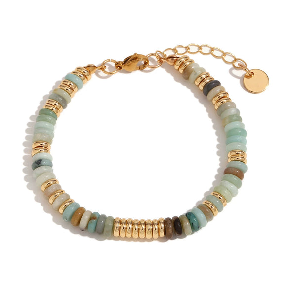 Wholesale Jewelry Fashion Retro Geometric Stainless Steel And Titanium Steel 18K Gold Plated Frisbee Natural Stone Beads Necklace And Bracelet For Women