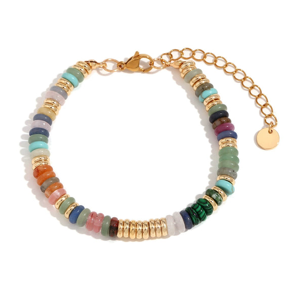 Wholesale Jewelry Fashion Retro Geometric Stainless Steel And Titanium Steel 18K Gold Plated Frisbee Natural Stone Beads Necklace And Bracelet For Women