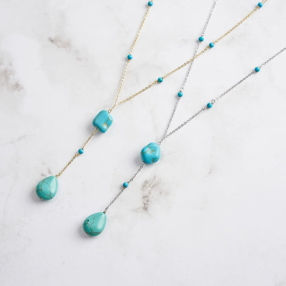 Wholesale Jewelry Fashion Retro Style Turquoise Dropshaped Geometric Pendant Yshaped Necklace With Silver Chain And Electroplating Process For Women