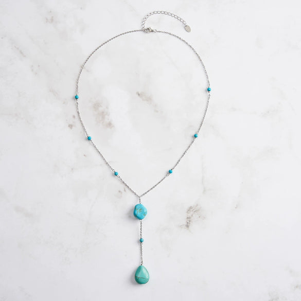 Wholesale Jewelry Fashion Retro Style Turquoise Dropshaped Geometric Pendant Yshaped Necklace With Silver Chain And Electroplating Process For Women