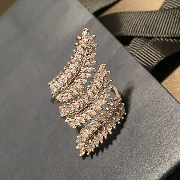 Wholesale Jewelry Fashion Shiny Leaves Wheat Design Copper Ring With Zirconia Inlay For Women