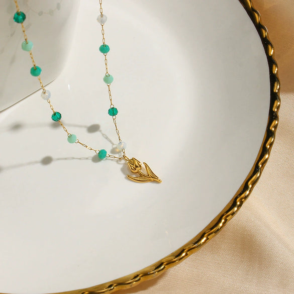 Wholesale Jewelry Fashion Simple Elegant Stainless Steel Colorful Beads Tulip Pendant Necklace With Geometric Pattern And Electroplating Treatment
