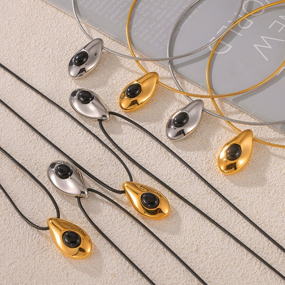 Wholesale Jewelry Fashion Simple Leather Rope 316L Stainless Steel Necklace With Water Drop Pendant Inlaid Agate And Geometric Design Electroplated