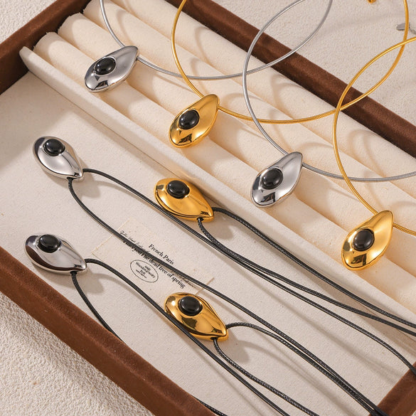 Wholesale Jewelry Fashion Simple Leather Rope 316L Stainless Steel Necklace With Water Drop Pendant Inlaid Agate And Geometric Design Electroplated