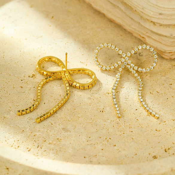 Wholesale Jewelry Fashion Stainless Steel Bow Tassel Zircon Earrings With Electroplating