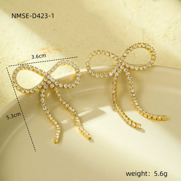Wholesale Jewelry Fashion Stainless Steel Bow Tassel Zircon Earrings With Electroplating