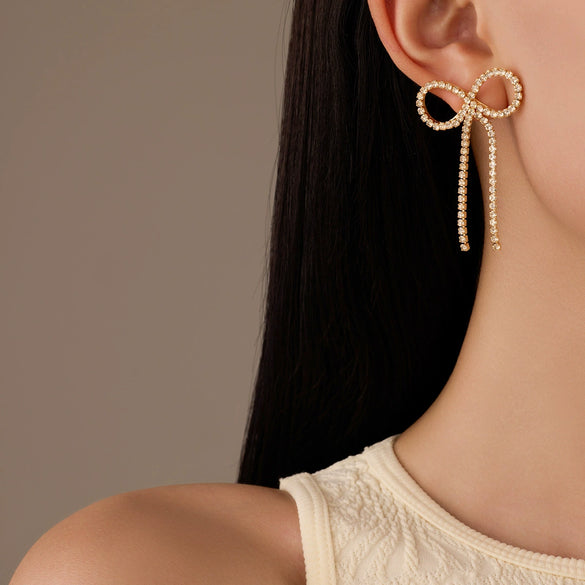Wholesale Jewelry Fashion Stainless Steel Bow Tassel Zircon Earrings With Electroplating