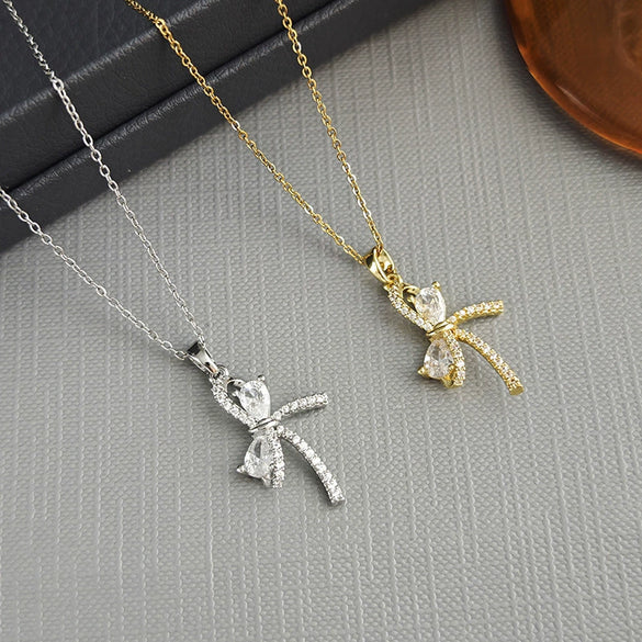 Wholesale Jewelry Fashion Titanium Steel Copper Zircon Bow Electroplating Necklace For Women