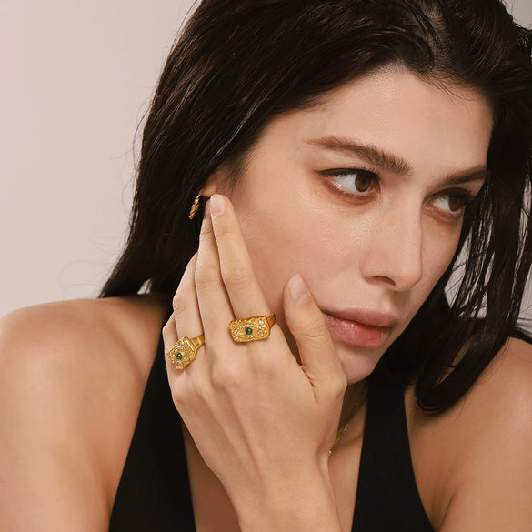 Wholesale Jewelry Ferris Wheel Devil's Eye Zircon Titanium Steel 18K Gold Plated Necklace Ring For Women